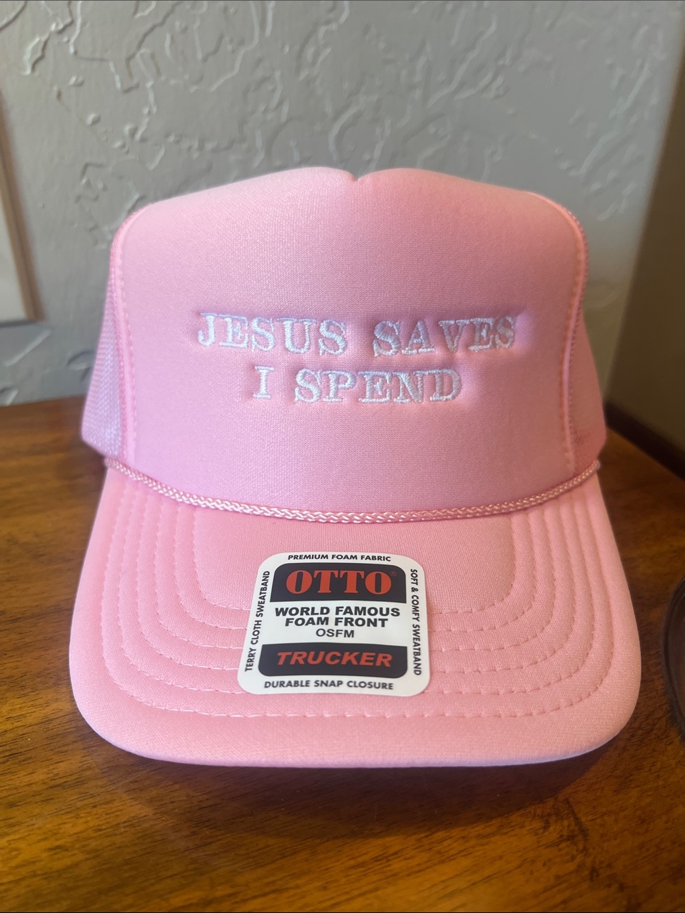 OTTO Pink Trucker Hat with "JESUS SAVES I SPEND" Embroidery.  New.